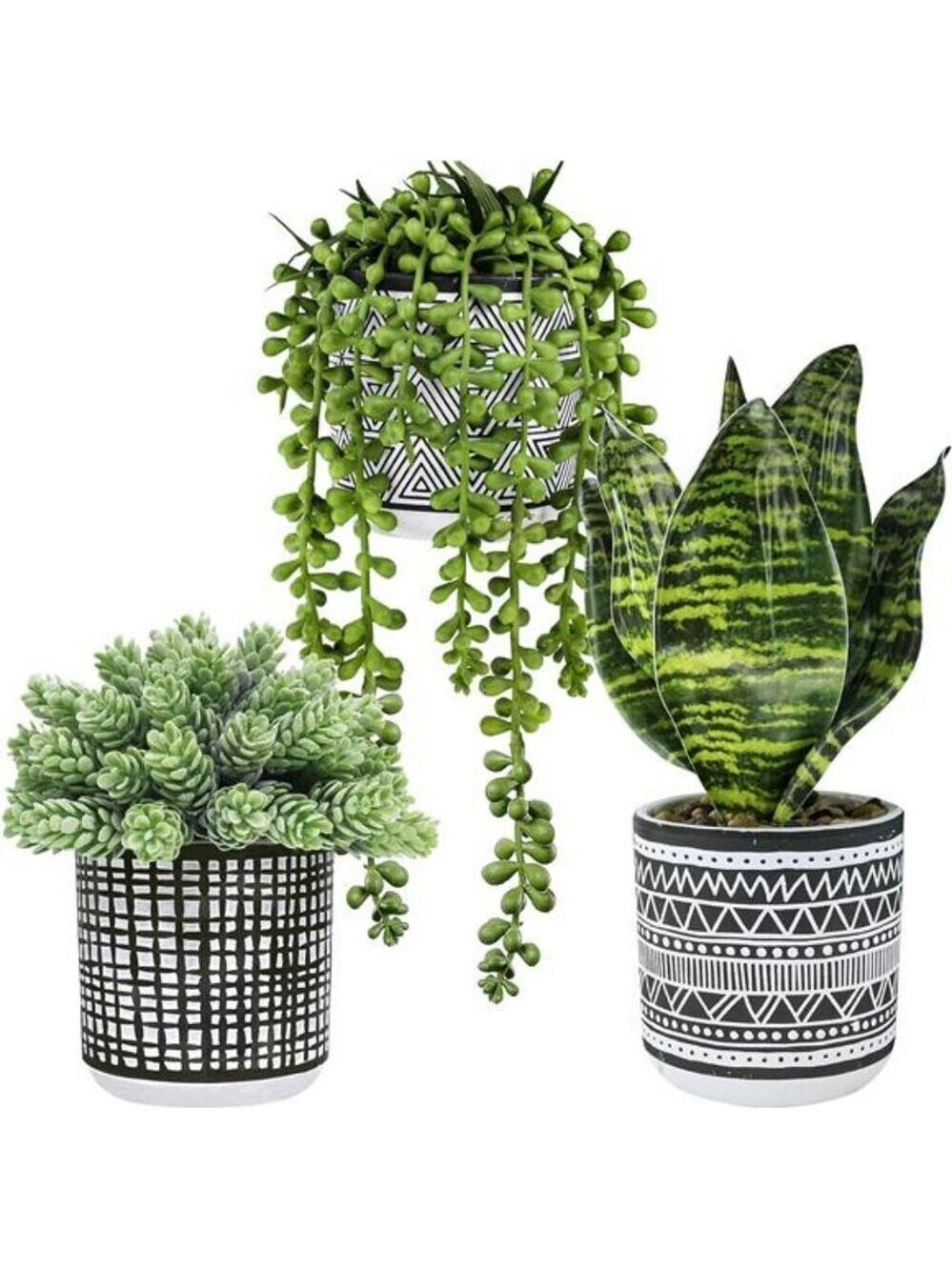 Set of 3 small artificial succulent potted plants faux greenery for home office
